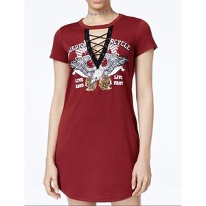 Burgundy Lace Up Motorcycle T-Shirt Dress Size Large Bikercore